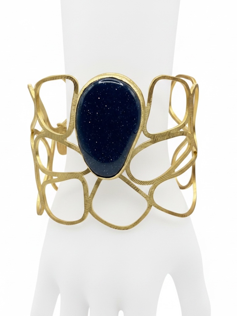 Sheila Fajl Wide Gold Tone Cuff Bracelet Blue Goldstone Openwork Statement
